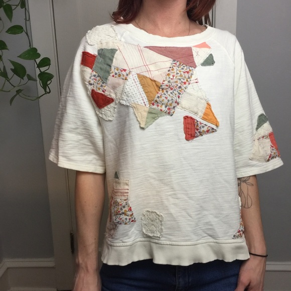 Postage Stamp Patchwork Sweater Boho Top Blouse - Picture 3 of 8